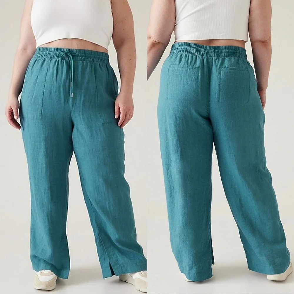 Athleta Retreat Linen Wide Leg Pant In Borealis Green Teal Plus Size 20 NWOT